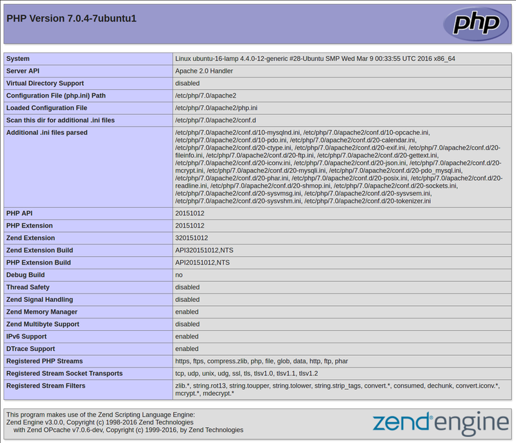 Ubuntu 16.04 default PHP info